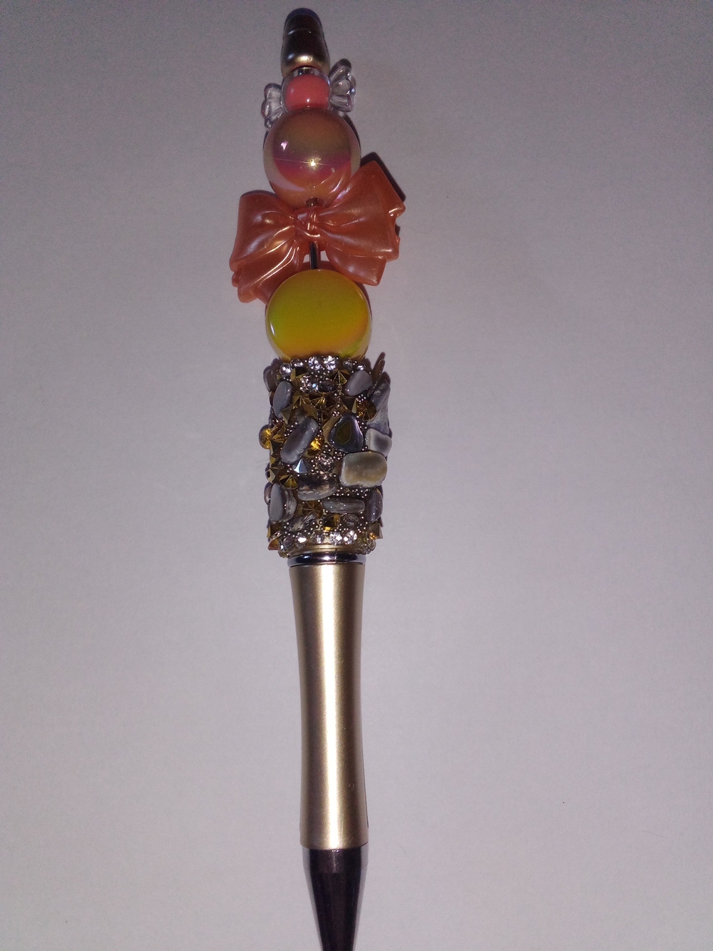 Gold Embellished Decorative Pen with Peach Bow and Yellow Beads